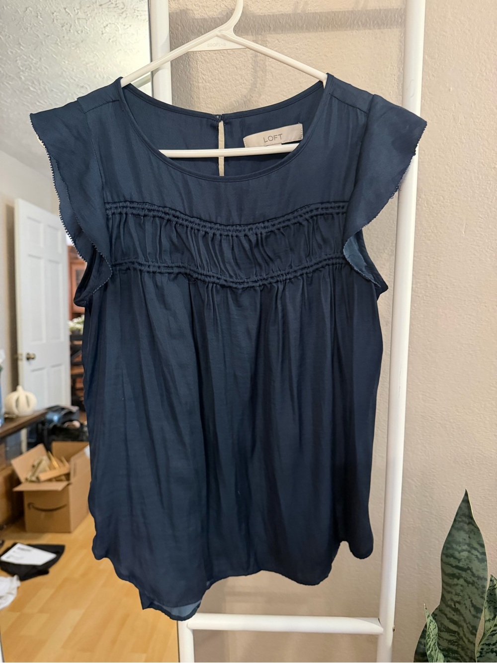 LOFT Navy Smocked Flutter-Sleeve Blouse